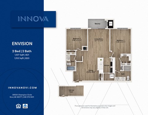 Floor plan for 2 beds, 2 baths, 1107 sqft